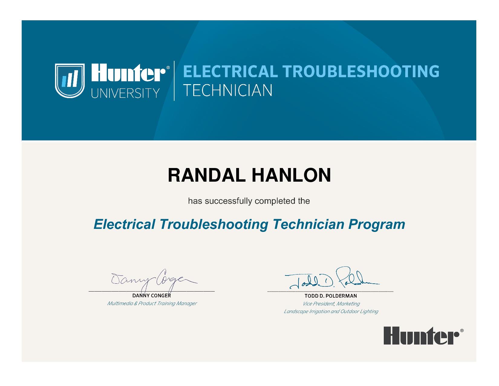 Randal Hanlon - Electrical Troubleshooting Technician Certificate from Hunter University